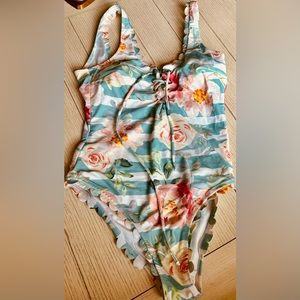 Blue and White Striped Floral One Piece Swimsuit